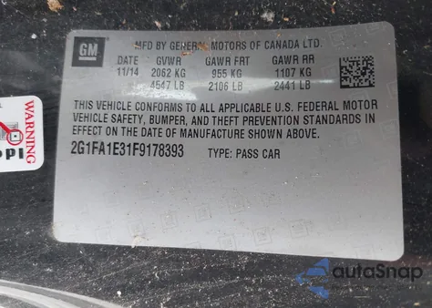 2015 Chevrolet Camaro 1Ls z USA, uszkodzony, nr VIN 2G1FA1E31F9178393